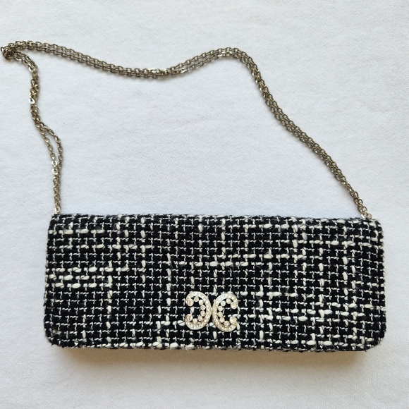 Cache Tweed Shoulder Bag Clutch Black White Silver Chain Sparkle Chic Elegant - Picture 1 of 16